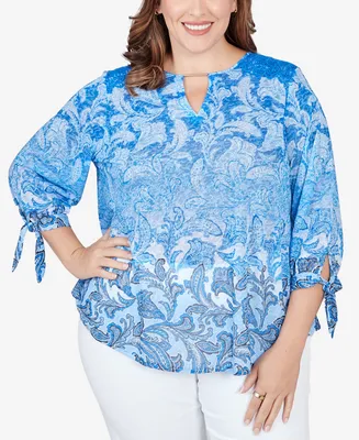Ruby Rd. Plus Size Keyhole Neck with Bar Detail Ombre Paisley Printed Knit Top