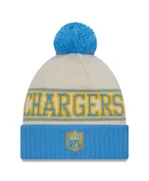 Men's New Era Powder Cream, Blue Los Angeles Chargers 2023 Sideline Historic Pom Cuffed Knit Hat