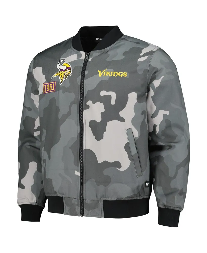 Men's and Women's The Wild Collective Gray Distressed Minnesota Vikings Camo Bomber Jacket
