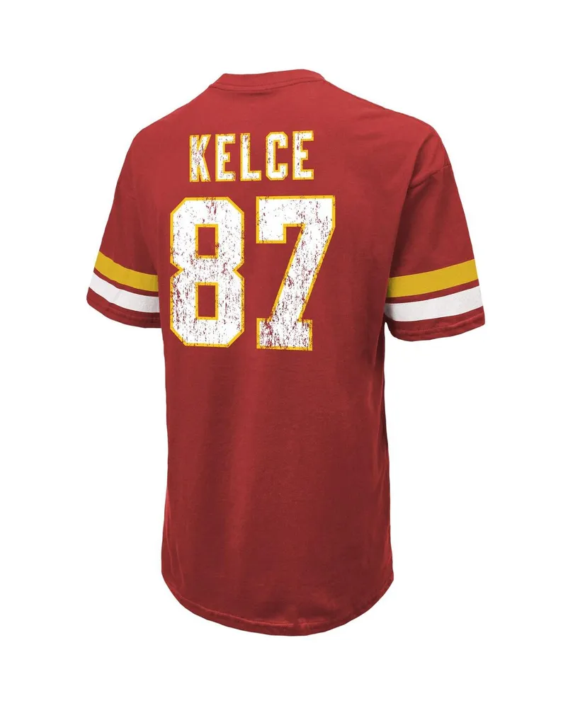 Men's Majestic Threads Travis Kelce Red Distressed Kansas City Chiefs Name and Number Oversize Fit T-shirt