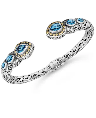 Blue Topaz & Bali Filigree Cuff Bracelet in Sterling Silver and 18K Gold