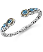 Blue Topaz & Bali Filigree Cuff Bracelet Sterling Silver and 18K Gold