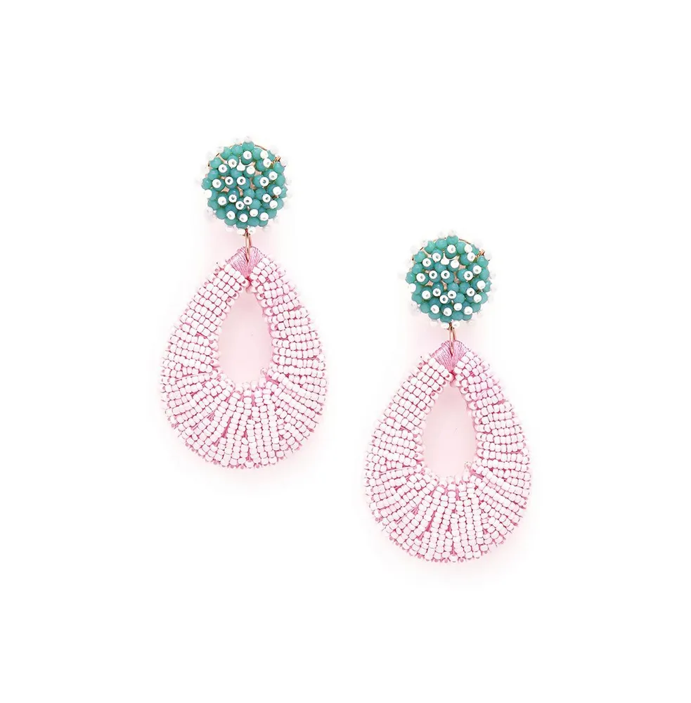 Sohi Women's Pink Beaded Contrast Teardrop Earrings