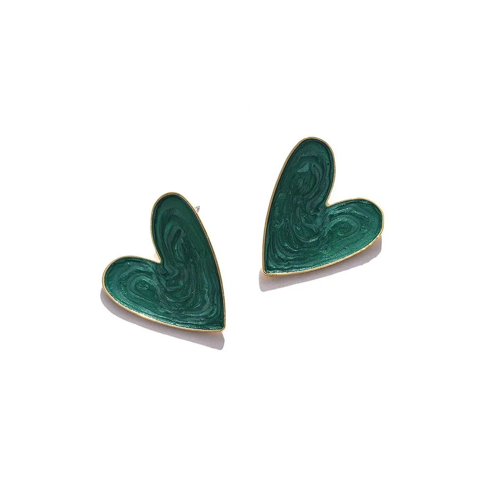 Sohi Women's Green Enamel Heart Stud Earrings