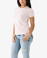 True Religion Women's Short Sleeve Crystal Horseshoe Crewneck T-shirt