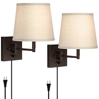 Lanett Modern Swing Arm Wall Lamps Set of 2 Painted Bronze Plug-In Light Fixture Oatmeal Linen Empire Shade for Bedroom Bedside House Reading Living R