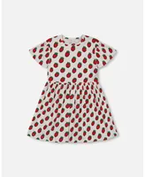 Girl Organic Cotton Dress With Flounce Sleeves White Printed Pop Strawberry
