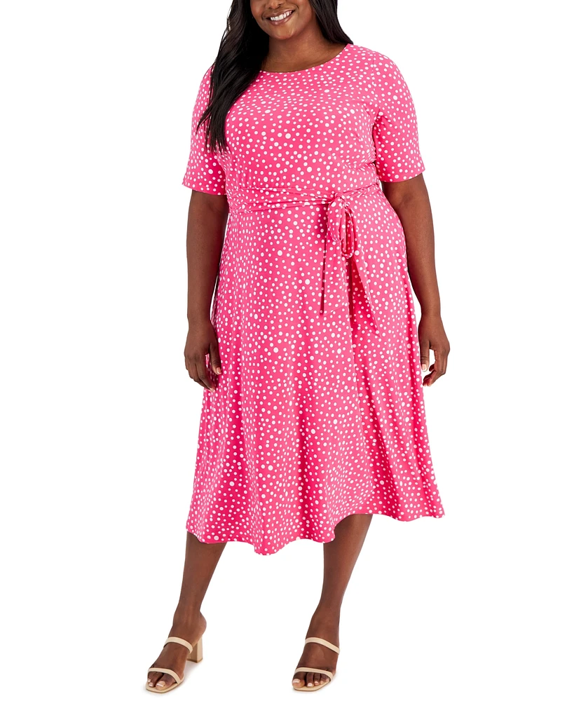 Kasper Plus Dot-Print Fit & Flare Midi Dress