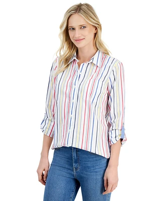 Nautica Jeans Women's Gateway Cotton Striped Roll-Tab Shirt