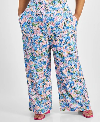 Bar Iii Trendy Plus Textured Floral Wide-Leg Pants, Created for Macy's