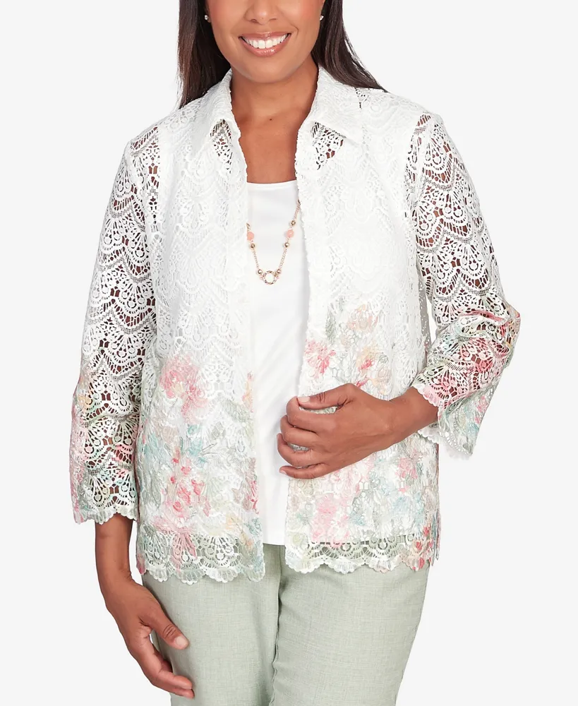 Alfred Dunner Women's English Garden Floral Border Lace Two in One Top with Necklace