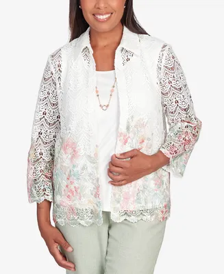 Alfred Dunner Women's English Garden Floral Border Lace Two One Top with Necklace