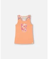 Girl Organic Cotton Tank Top With Print Salmon Orange