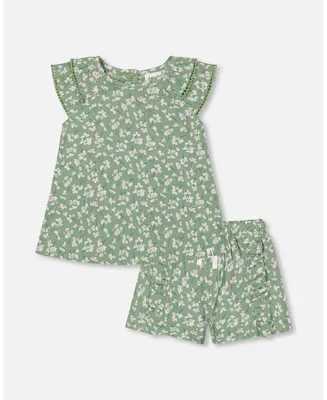 Girl Muslin Blouse And Short Set Green Jasmine Flower Print - Toddler|Child