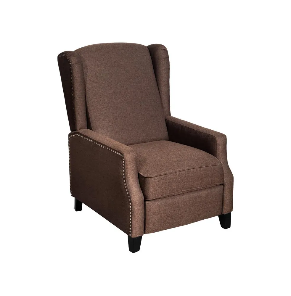 Leeds Fabric Upholstered Easy Push Back Recliner - Classic Wingback Design With Nail head Accent Trim And Footrest