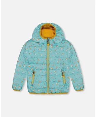 Baby Girl Quilted Mid-Season Jacket Blue Little Flowers Print - Infant