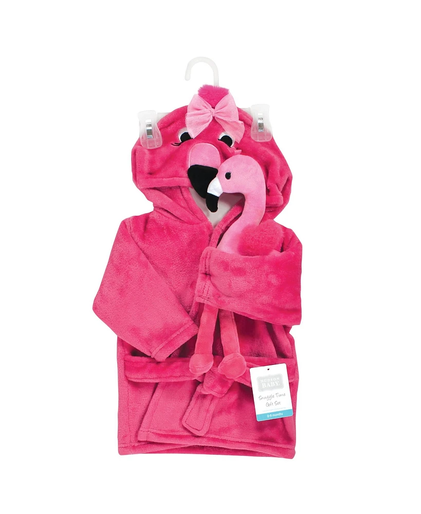 Hudson Baby Infant Girl Plush Bathrobe and Toy Set, Flamingo