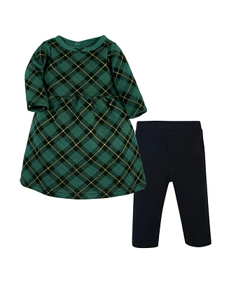 Hudson Baby Toddler Girls Hudson Quilted Cotton Dress and Leggings 2pc set, Forest Green Plaid