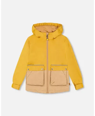 Unisex Hooded Color block Parka Yellow And Beige