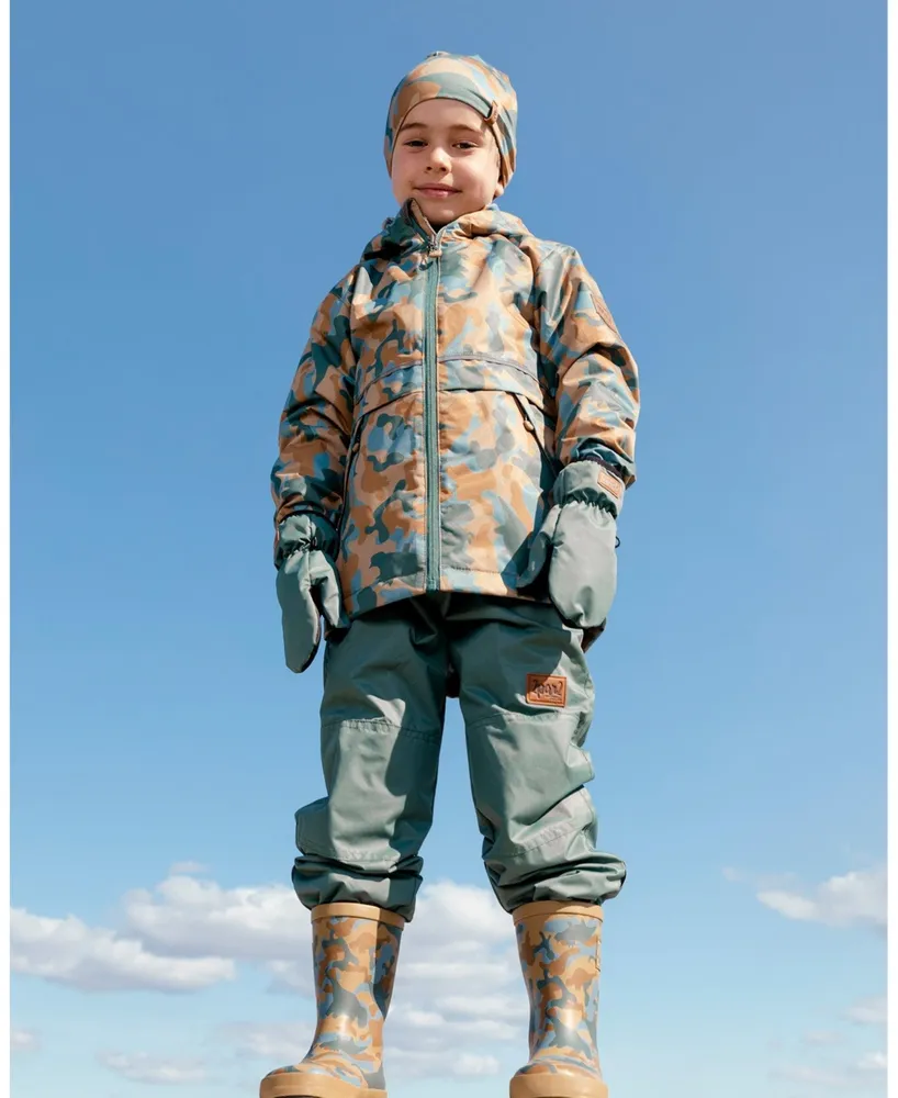 Deux par Toddler Boys Two Piece Hooded Coat And Pant Mid-Season Set Beige Printed Camo Dinos