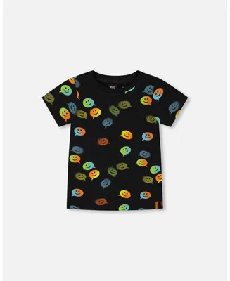 Boy Organic Cotton T-Shirt With Allover Print Black