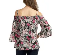 Bcx Juniors' Printed Off-The-Shoulder Cold-Shoulder Peasant Top