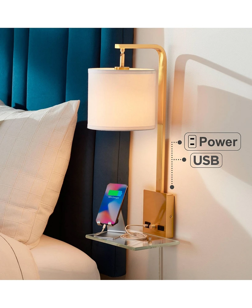 Possini Euro Design Adelle Modern Wall Lamp with Usb and Power Outlet Shelf Warm Gold Metal Plug