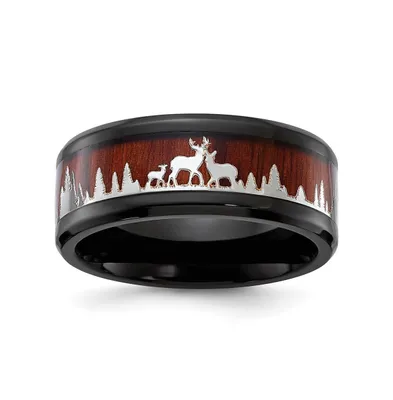Chisel Stainless Steel Black Ip-plated Wood Inlay Deer Band Ring