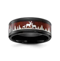 Chisel Stainless Steel Black Ip-plated Wood Inlay Deer Band Ring