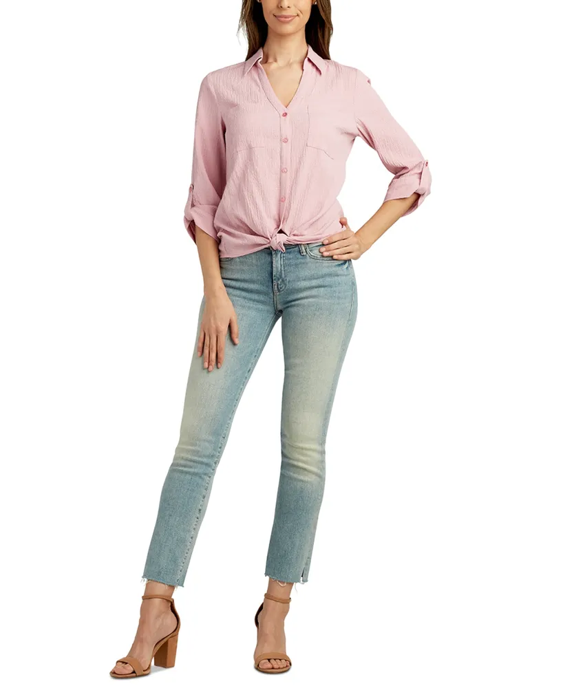 Bcx Juniors' Roll-Sleeve Tie-Front Button-Up Blouse