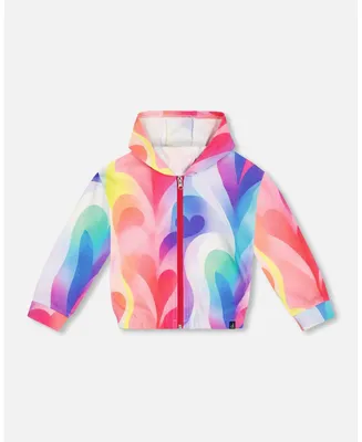 Girl French Terry Hooded Cardigan Printed Rainbow Heart