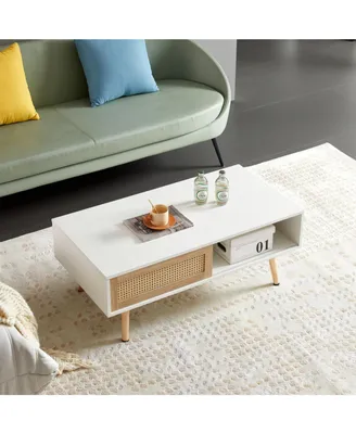 Simplie Fun 41" Rattan Coffee table, sliding door for storage, solid wood legs, Modern table for living room, White