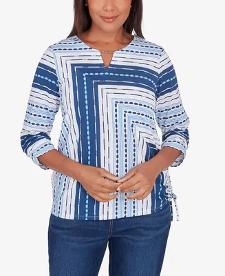 Alfred Dunner Petite Full Bloom Spliced Texture Stripe Side Tie Top