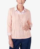 Alfred Dunner Women's A Fresh Start Stripe Collar Layered Sweater with Necklace