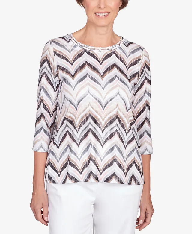 Alfred Dunner Women's Classic Neutrals Chevron Stripe Button Down Top