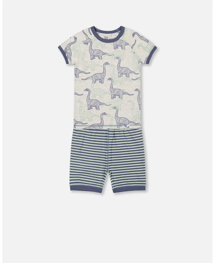 Boy Organic Cotton Two Piece Short Pajama Set Heather Beige Printed Dinosaurs