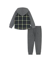 Andy & Evan Big Boys Toddler/Child Green Plaid Hooded Flannel Buttondown Set