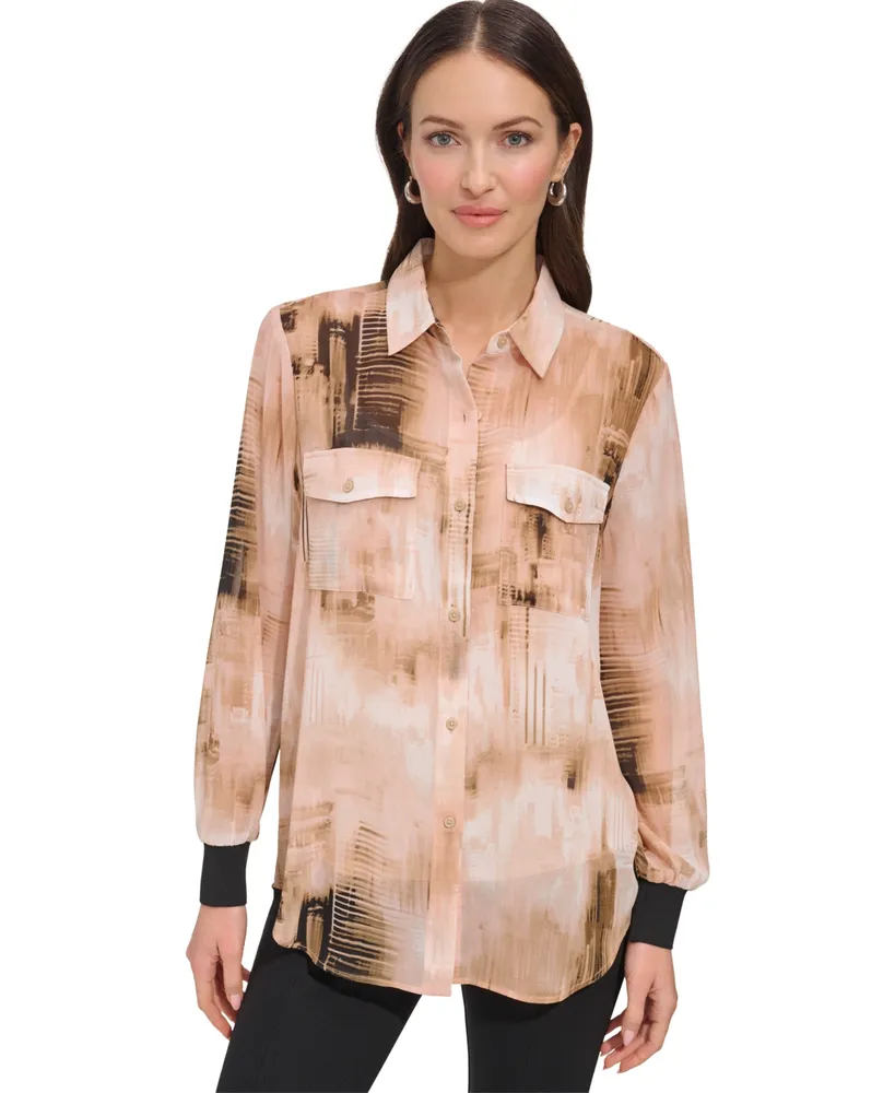 Dkny Women's Printed Chiffon Long-Sleeve Shirt