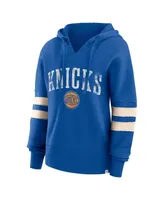 Women's Fanatics Blue Distressed New York Knicks Bold Move Dolman V-Neck Pullover Hoodie