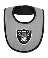 Newborn and Infant Boys and Girls Black, Heather Gray Las Vegas Raiders Home Field Advantage Three-Piece Bodysuit, Bib and Booties Set