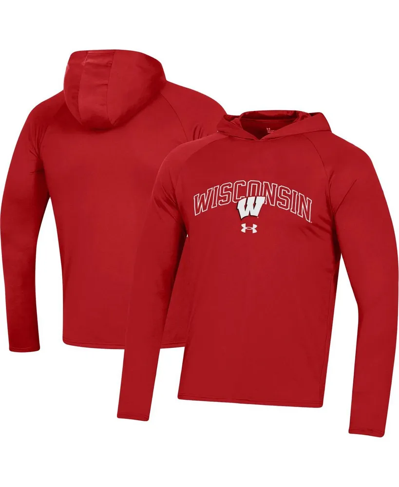 Men's Under Armour Red Wisconsin Badgers 2023 Sideline Tech Hooded Raglan Long Sleeve T-shirt