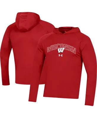 Men's Under Armour Red Wisconsin Badgers 2023 Sideline Tech Hooded Raglan Long Sleeve T-shirt