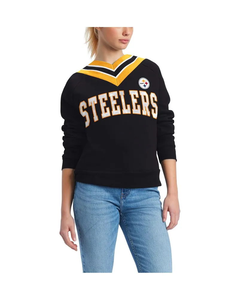 Women's Cuce Black Pittsburgh Steelers Sequin Logo V-Neck Pullover  Sweatshirt 