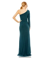 Women's One Sleeve Beaded Cuff Side Twist Gown