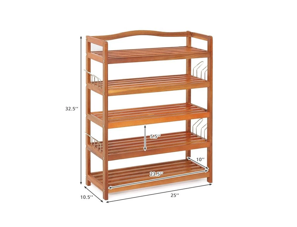 5-Tier Acacia Wood Shoe Rack with Side Metal Hooks