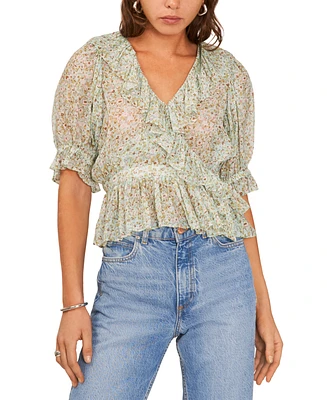 1.state Women's V-Neck Short Sleeve Faux Wrap Ruffle Top