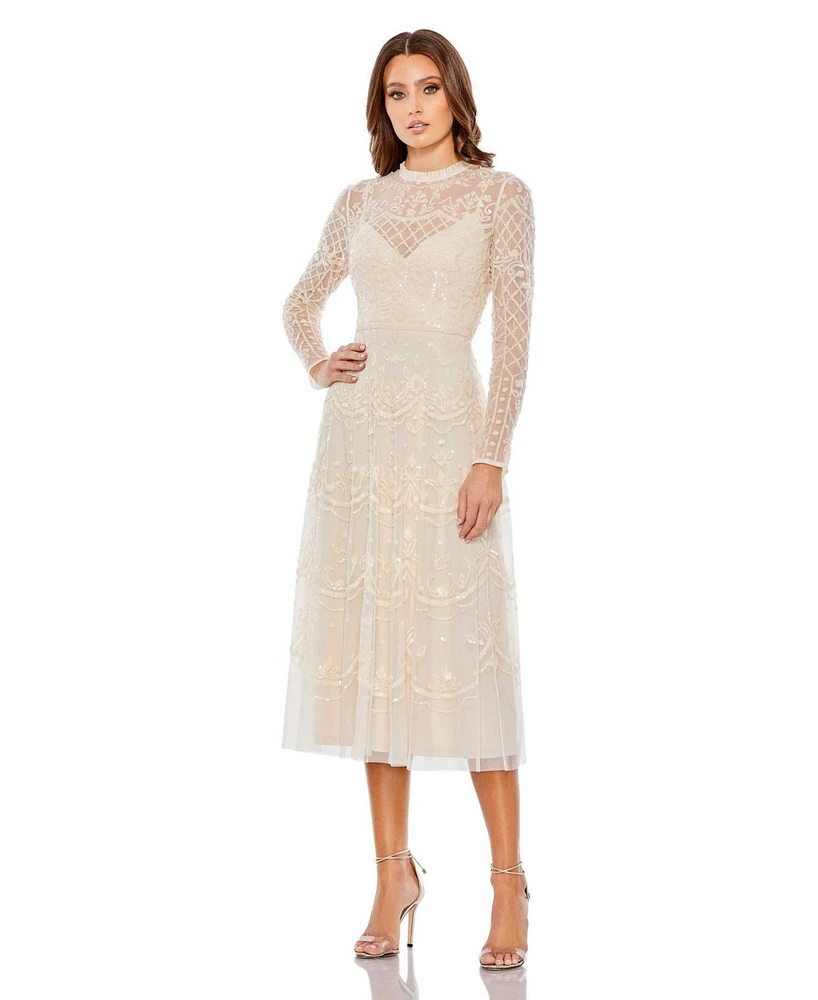 Women's Sequined Illusion High Neck Long Sleeve Midi Dress