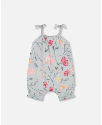 Baby Girl Printed Muslin Romper Light Blue With Printed Romantic Flowers - Infant