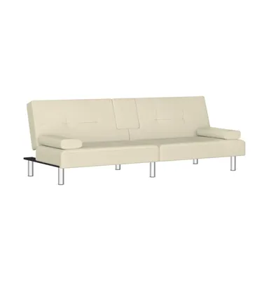 Sofa Bed with Cup Holders Cream Faux Leather