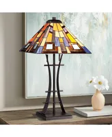 Jewel Tone Mission Tiffany Style Table Lamp 27" Tall Iron Bronze Geometric Antique Stained Glass Art Shade Decor for Living Room Bedroom House Bedside